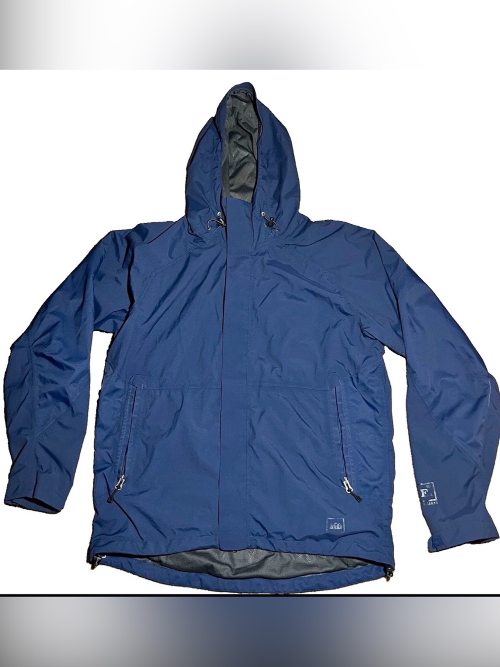 REI Elements Rain Jacket Mens L Navy Blue Hooded Waterproof Coat
